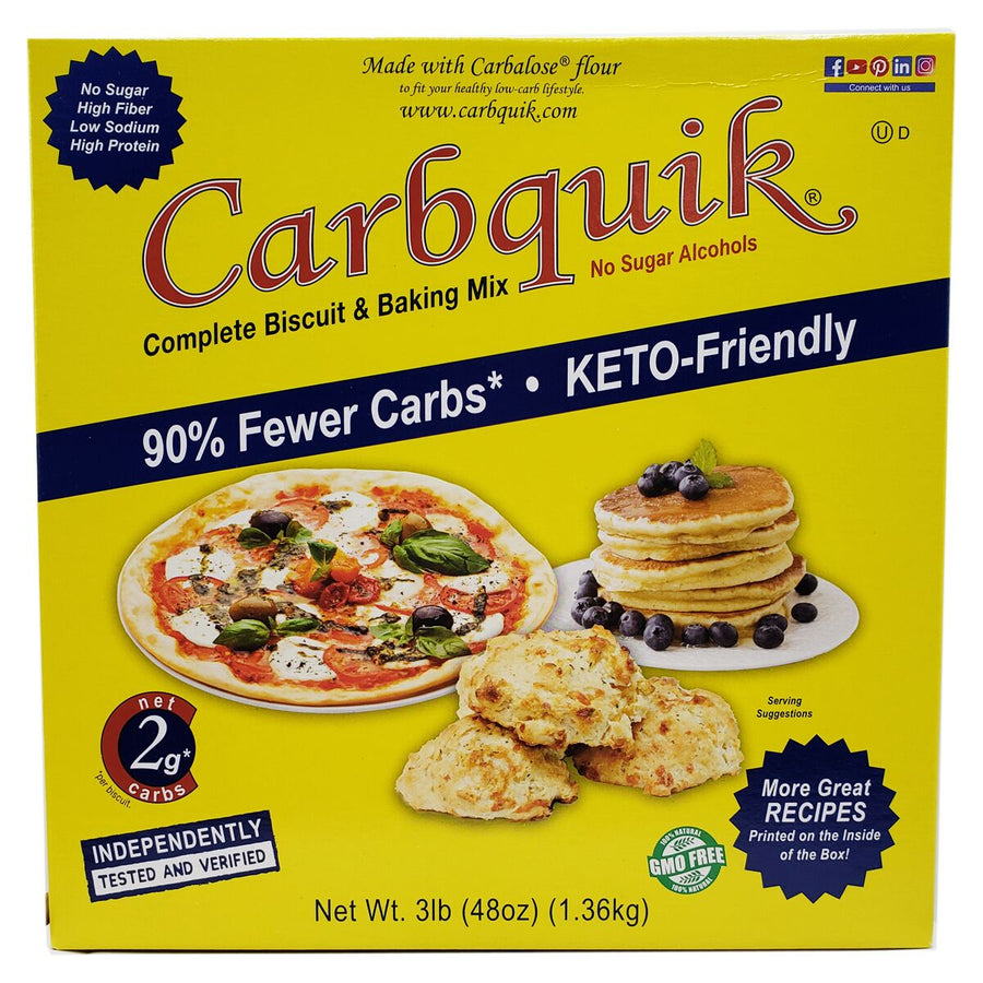 A bright yellow box of Carbquik baking mix features images of a pizza, pancakes, and biscuits, highlighting its low-carb, keto-friendly benefits and nutritional claims.