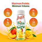 A bottle of Inspire Protein Shot, labeled "Peach Mango," displays nutritional information highlighting 30g protein, 0g sugar, and 130 calories, surrounded by splashes of fruit and vibrant colors.