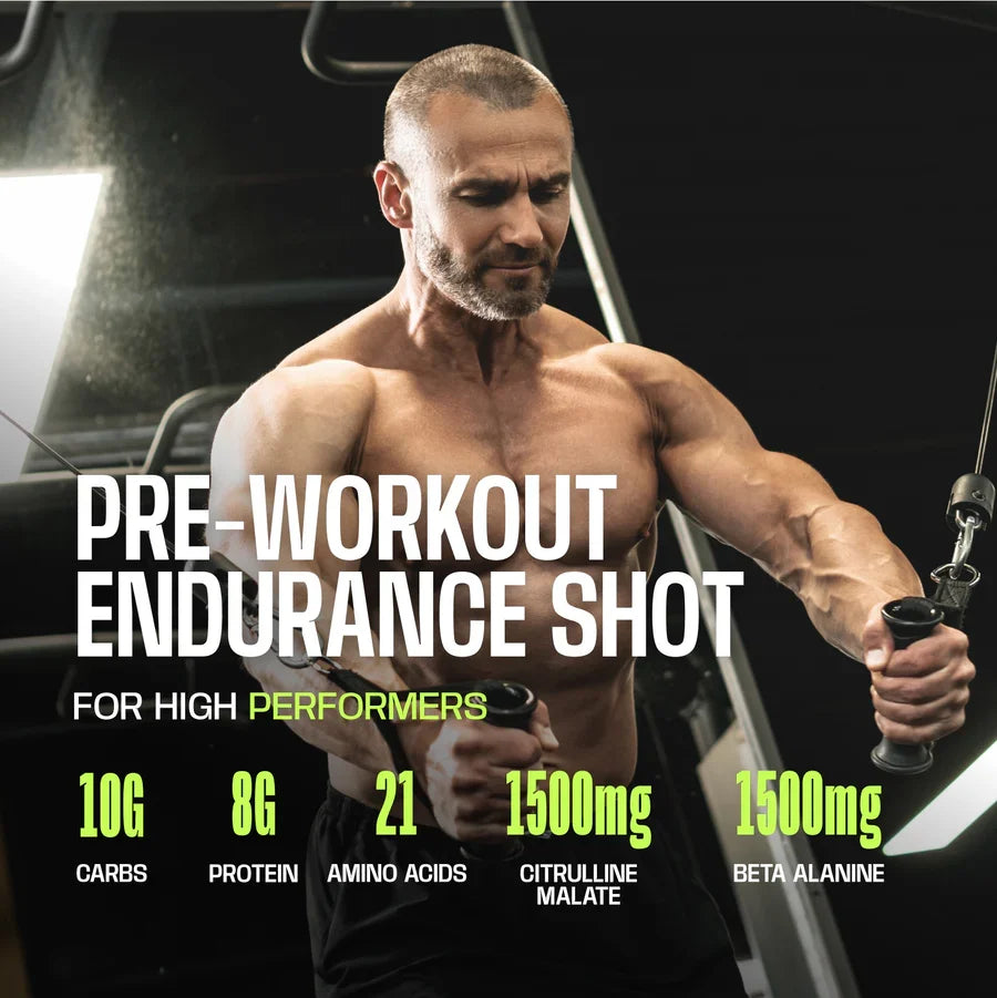 A muscular man is exercising with a cable machine in a gym, promoting a pre-workout endurance shot with nutritional details displayed prominently.