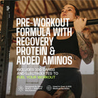 A focused woman with tattoos performs a pull-up in a gym, showcasing a pre-workout formula that includes recovery protein and electrolytes for enhanced performance.