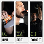 A man demonstrates three steps for using an energy product: tearing open the package, sipping from it, and lifting a dumbbell in a workout setting, wearing a black shirt with "Frog Fuel" printed on it.