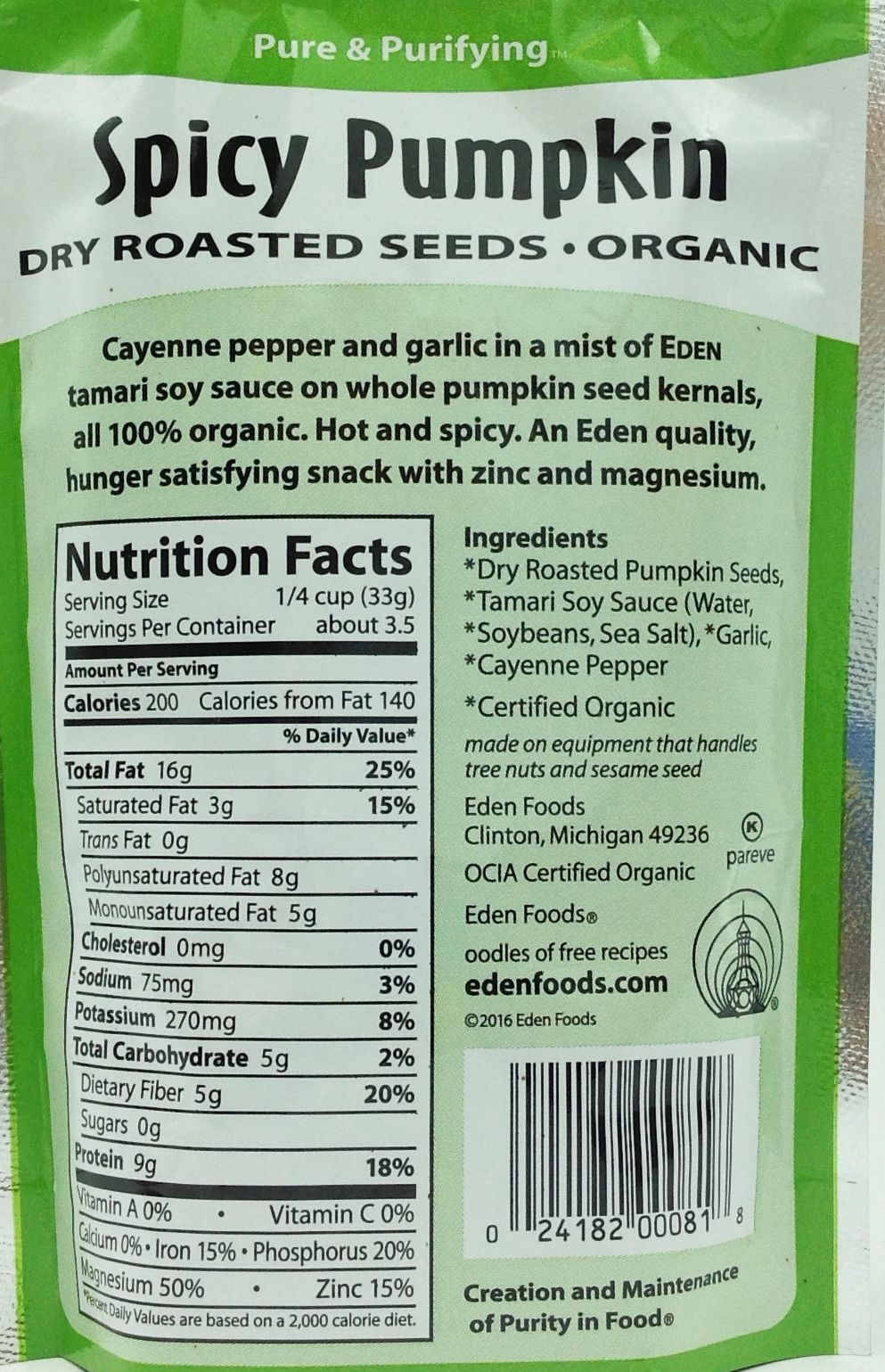 Eden Foods Pumpkin Seeds - Spicy 4 oz bag