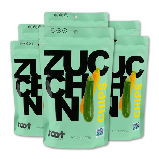 Front package of Root Foods Veggie Chips, Zucchini, 2.5 oz / 6-Pack