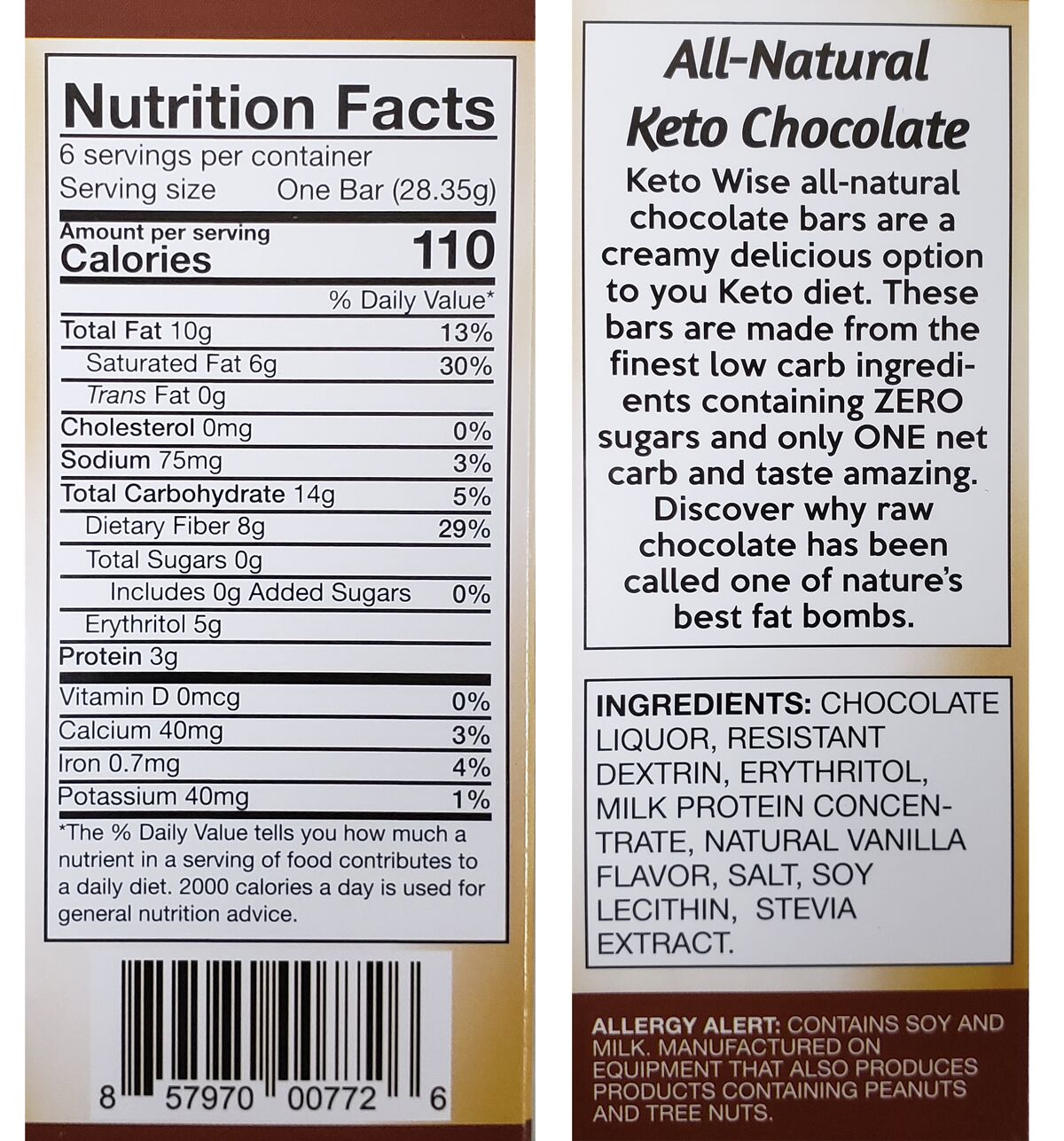 Healthsmart Keto Wise Solid Chocolate Fat Bombs - Milk Chocolate 6 bars