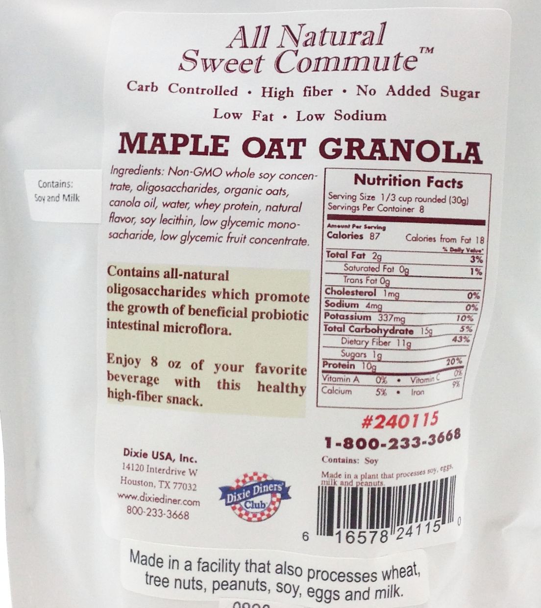 Dixie USA Carb Controlled Granola - 8.4 oz., Maple Oat