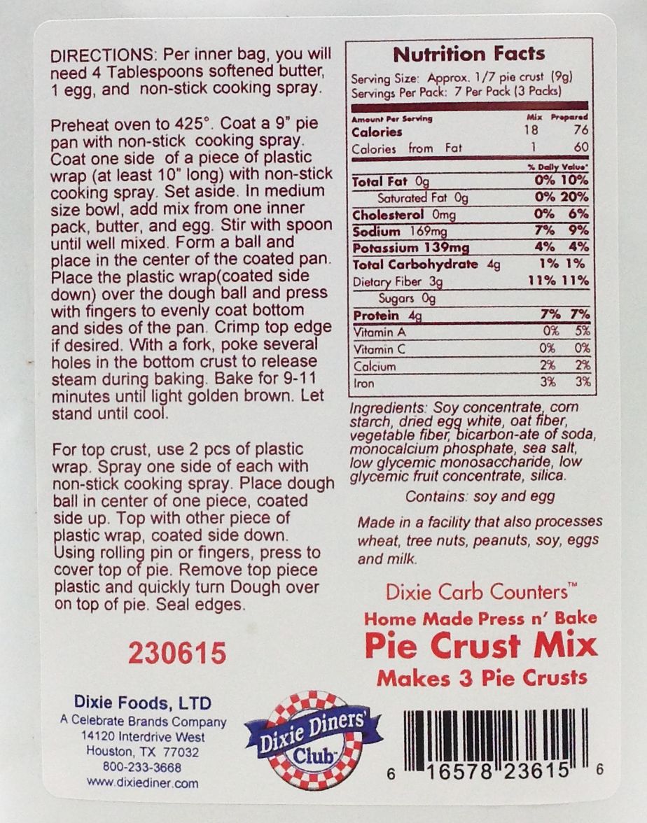 Dixie USA Carb Counters Press n' Bake Pie Crust Mix 6.5 oz.