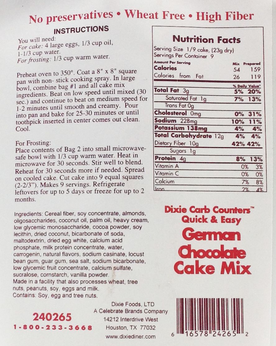 Dixie USA Carb Counters Snackin' Cake Mix - German Chocolate, 7.3 oz.