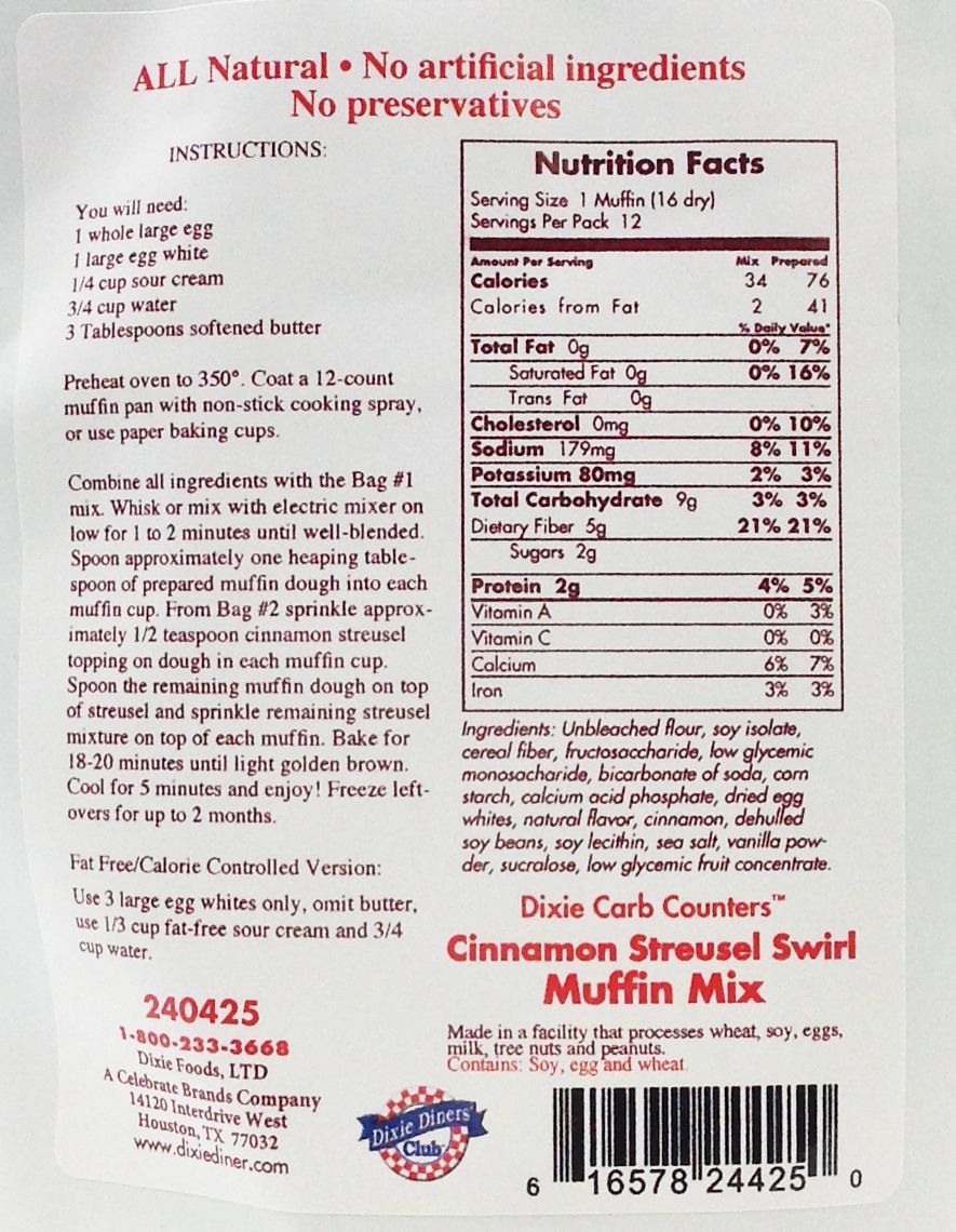 Dixie USA Carb Counters Muffin Mix - Cinnamon Streusel Swirl (6.8 oz)