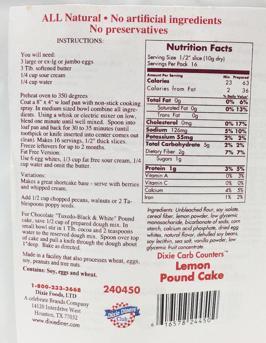 Dixie USA Carb Counters Pound Cake Mix - Lemon 6 oz.