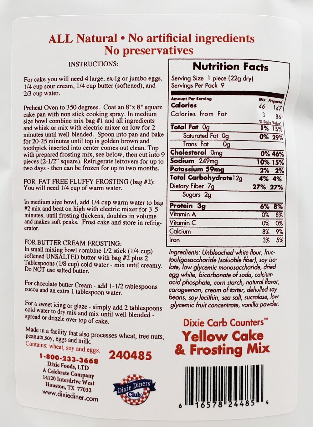 Dixie USA Carb Counters Snackin' Cake Mix - Yellow Cake with Frosting, 7 oz.