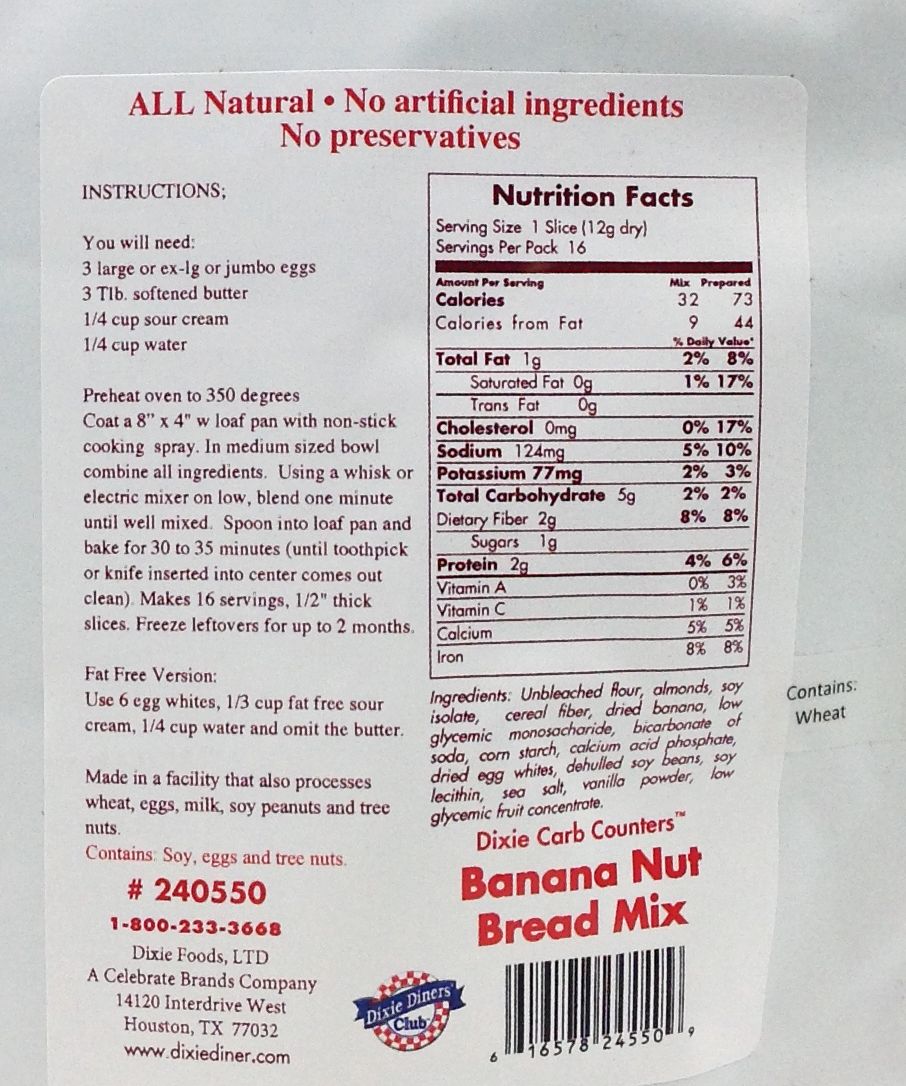 Dixie USA Carb Counters Bread Mix - 6.7 oz., Banana Nut