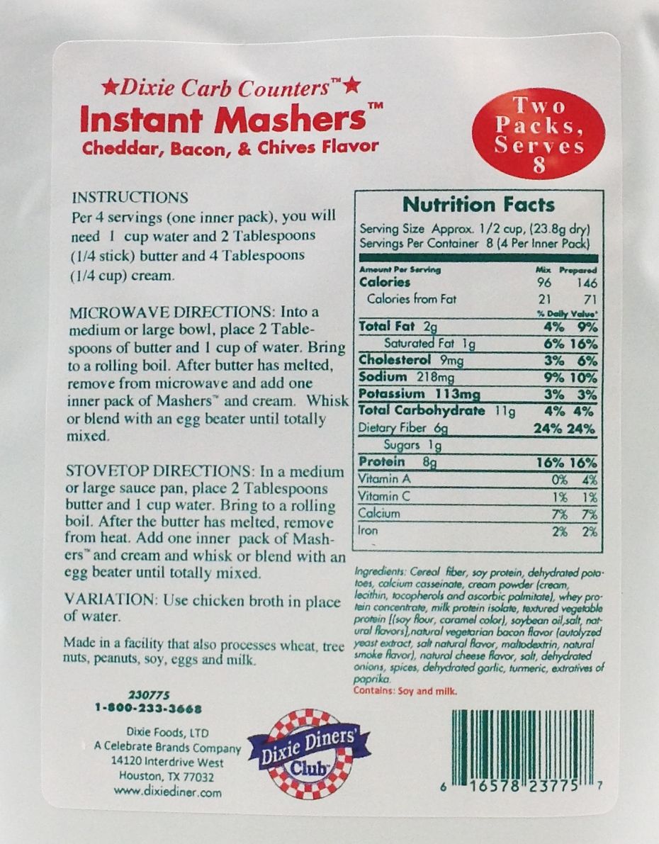 Dixie USA Carb Counters Instant Mashers - Cheddar and Bacon, 6.7 oz.