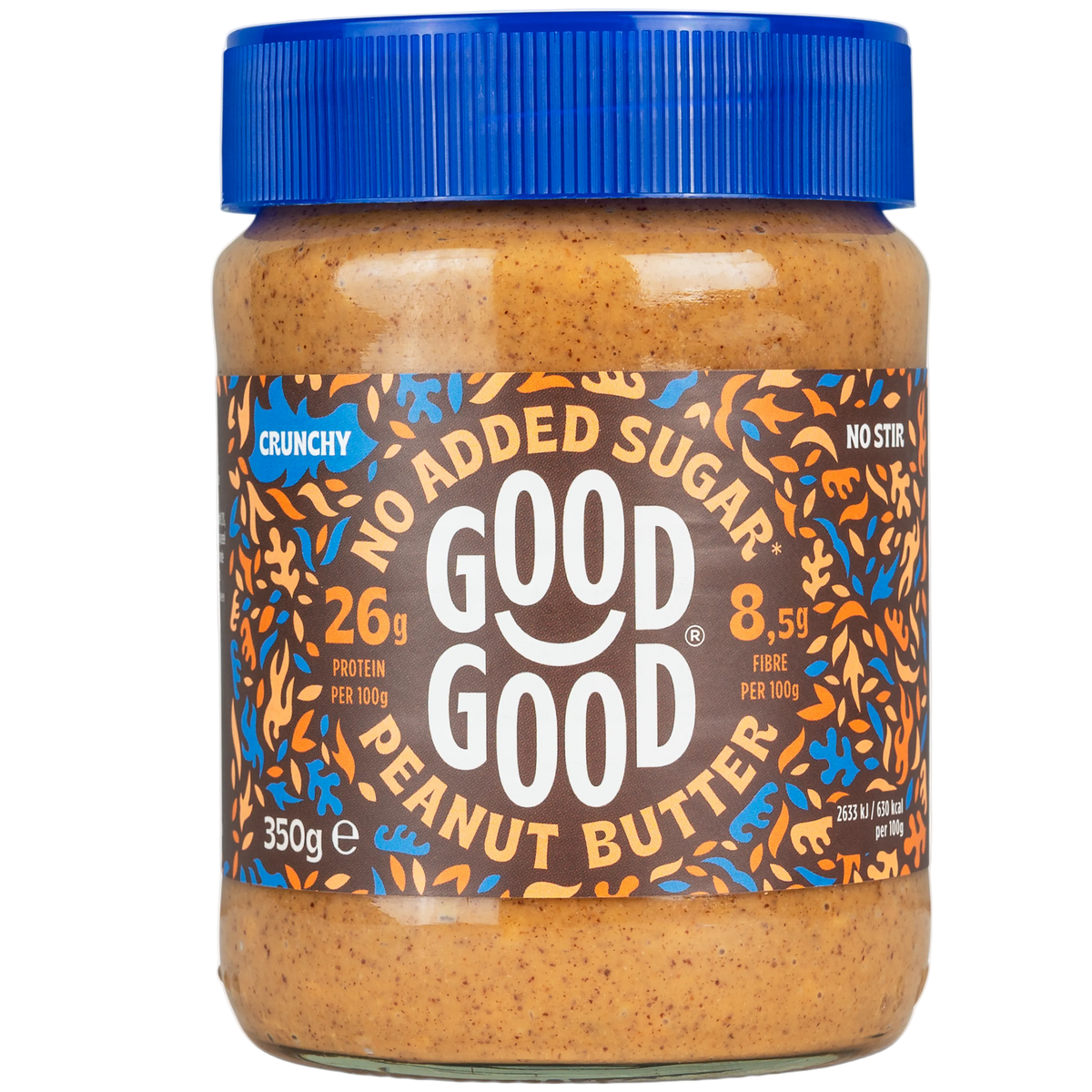 A jar of Good Good crunchy peanut butter with a blue lid displays labels indicating "no added sugar," "26g protein per 100g," and "8.5g fiber per 100g," set against a black background.