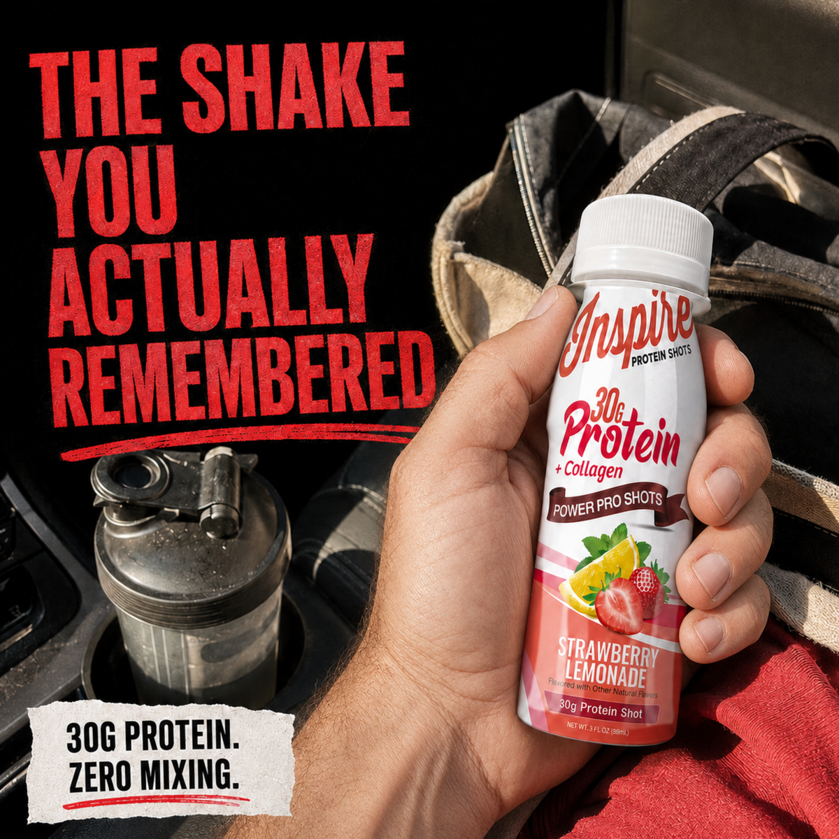 Inspire Strawberry Lemonade Power Shot with 30 grams of protein plus collagen in a 3-fluid-ounce serving.