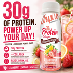 Inspire Strawberry Lemonade Power Shot with 30 grams of protein plus collagen in a 3-fluid-ounce serving.