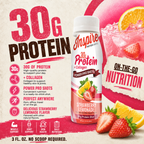 A bottle of Inspire protein shot featuring a strawberry lemonade flavor, highlighting 30 grams of protein and collagen, set against a vibrant background with fresh strawberries and lemon slices.