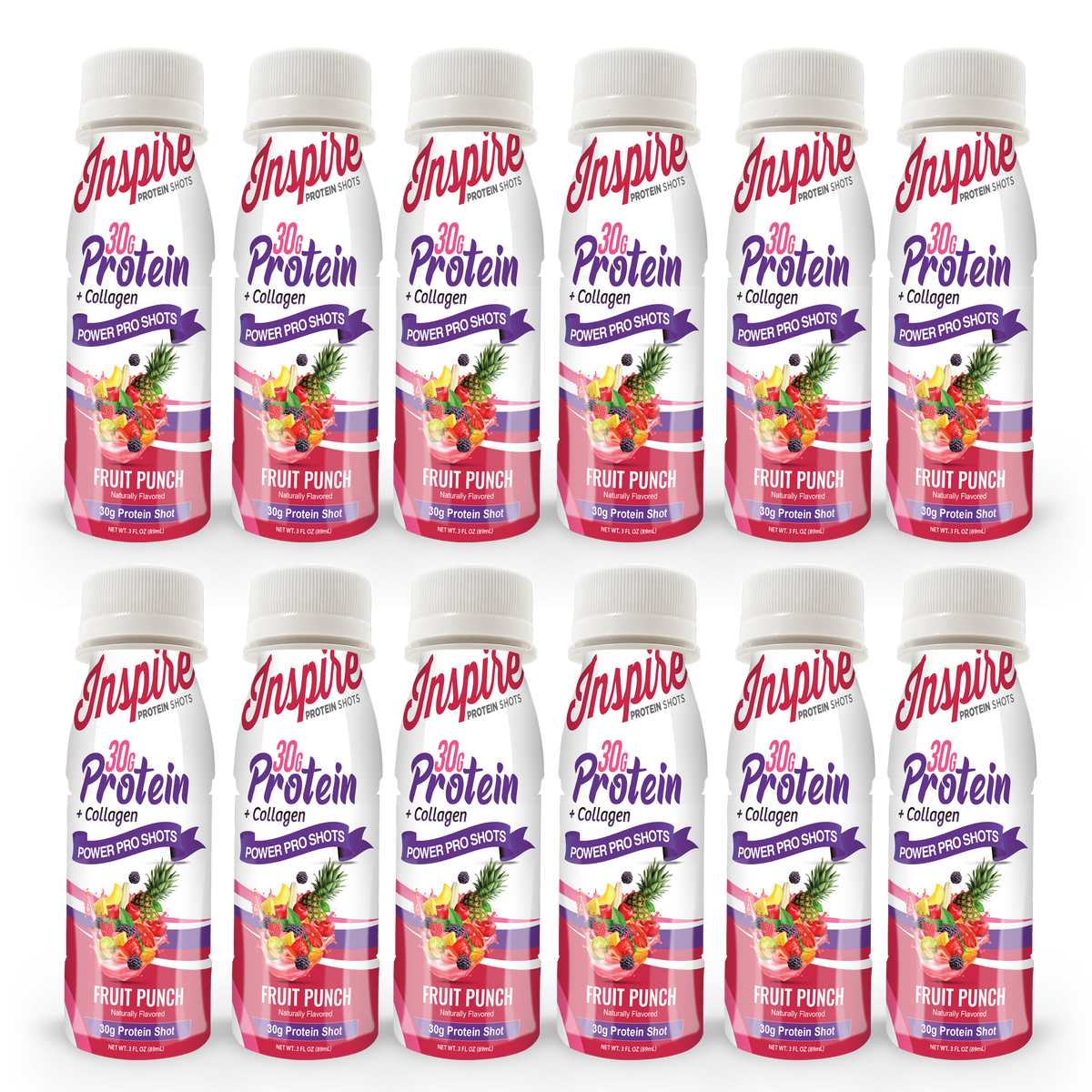 Inspire 30g Whey & Collagen Complete Protein Power Pro Shots - Fruit Punch - 12-Pack