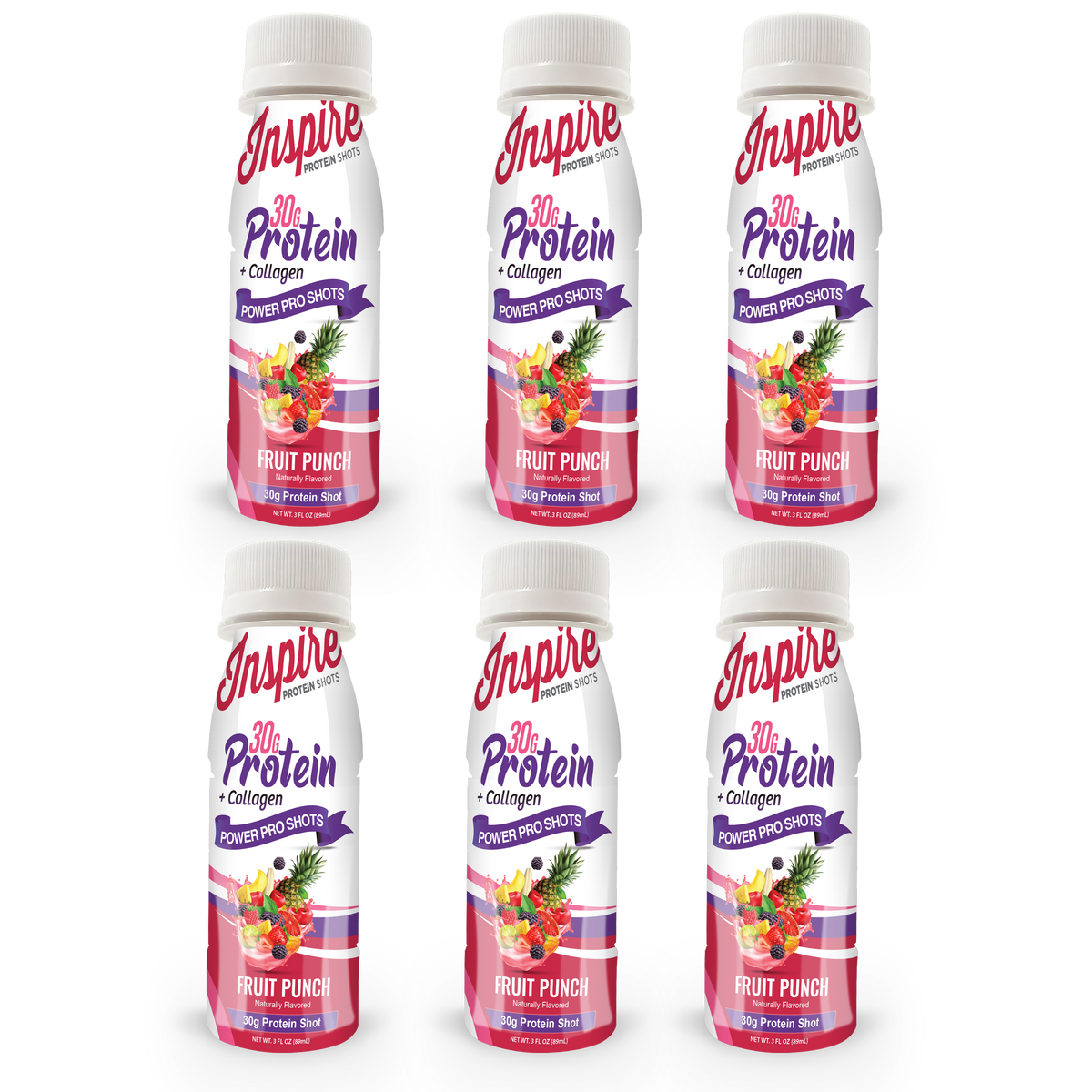 Inspire 30g Whey & Collagen Complete Protein Power Pro Shots - Fruit Punch - 6-Pack