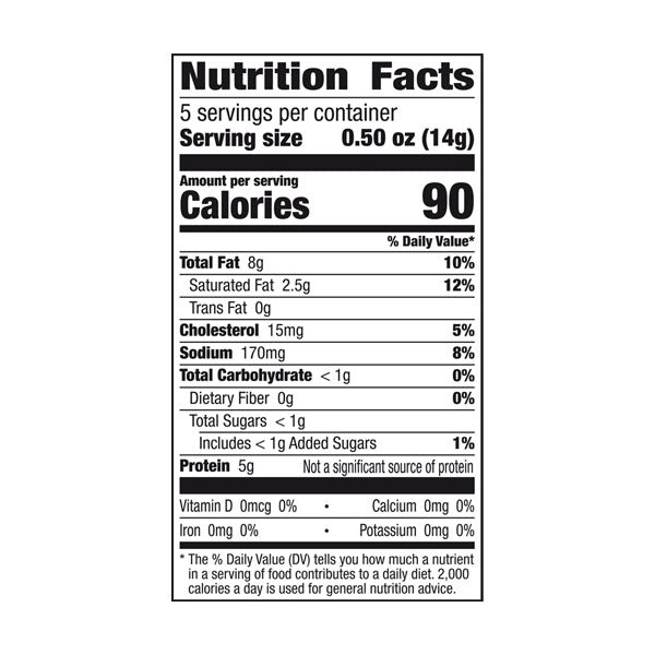 A nutrition facts label displays serving size, calories, and nutrient information, including total fat, cholesterol, sodium, carbohydrates, sugars, and protein for a food product.