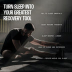 A man stretches on a gym floor, surrounded by soft lighting, while text emphasizes the importance of sleep for recovery and mental clarity.