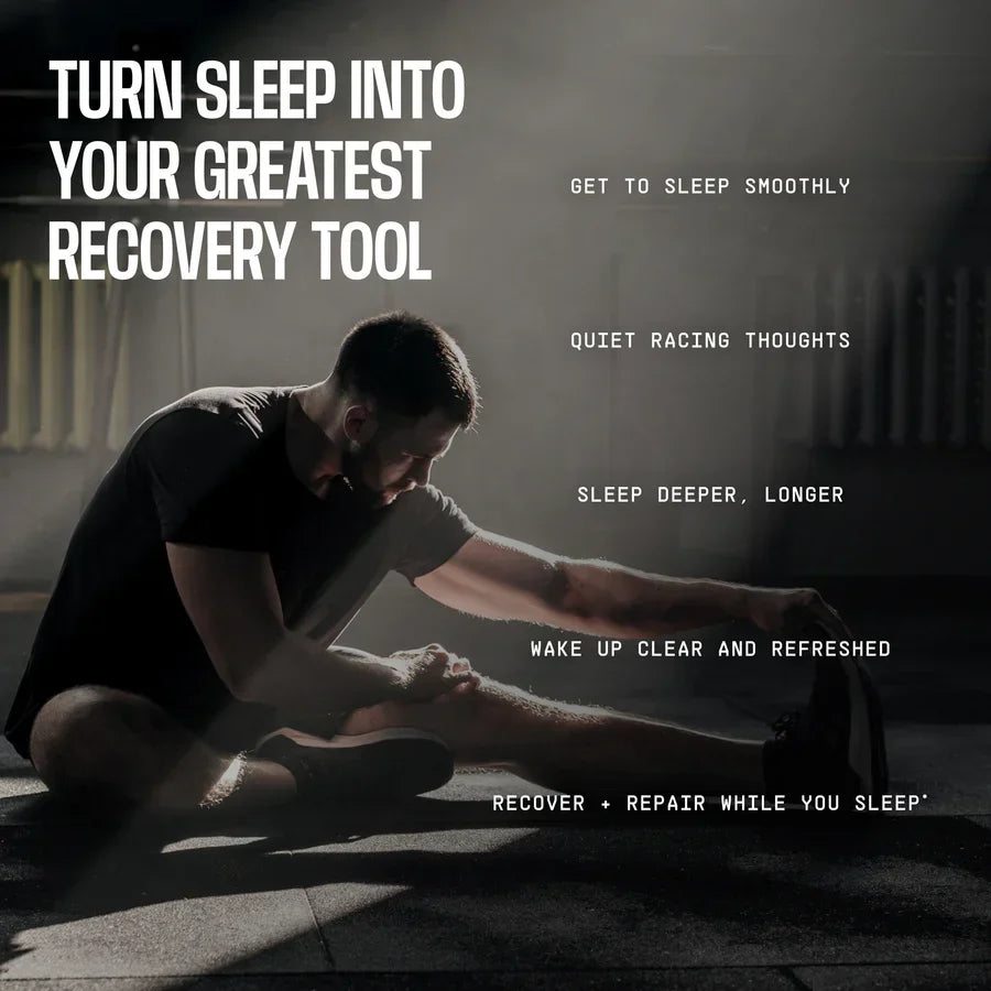 A man stretches on a gym floor, surrounded by soft lighting, while text emphasizes the importance of sleep for recovery and mental clarity.