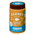 A jar of Barney Butter almond butter, labeled "bare smooth," features a brown lid and a bright orange container with white text, highlighting that it contains no added salt or sugar.