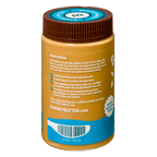 A brown jar of Barney Butter almond butter features text highlighting its quality, ingredients, and production process, with a blue label displaying the website and barcode on the bottom.