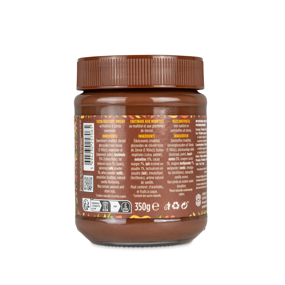 A brown jar of cocoa hazelnut spread with a textured lid, displaying ingredient information and nutritional details in multiple languages on the back label.