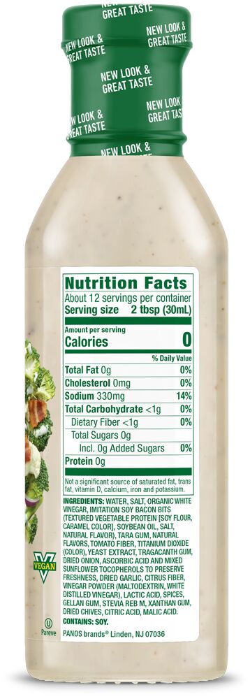 Nutrition Facts panel for Walden Farms Dressing, Bac'n Ranch flavor.