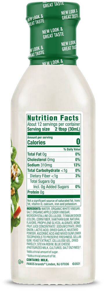 Nutrition Facts panel for Walden Farms Dressing, Bleu Cheese flavor.