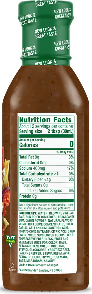 Nutrition Facts panel for Walden Farms Dressing, Sun Dried Tomato Vinaigrette flavor.