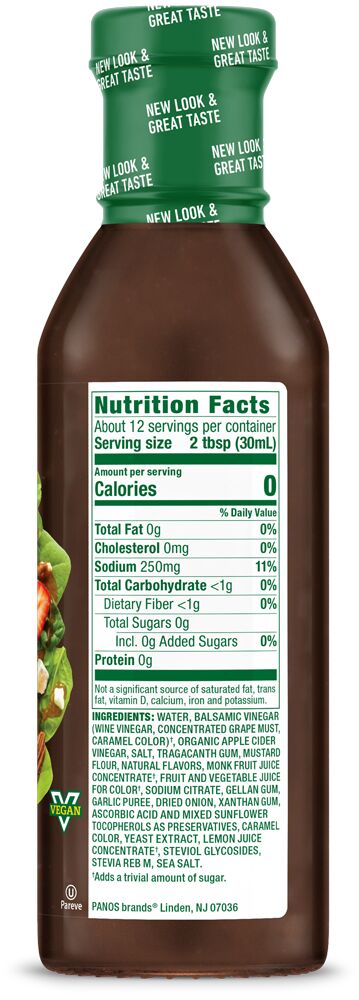 Nutrition Facts panel for Walden Farms Vinaigrette, Honey Balsamic flavor.