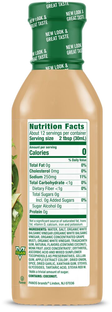 Nutrition Facts panel for Walden Farms Vinaigrette, Pear & White Balsamic flavor.