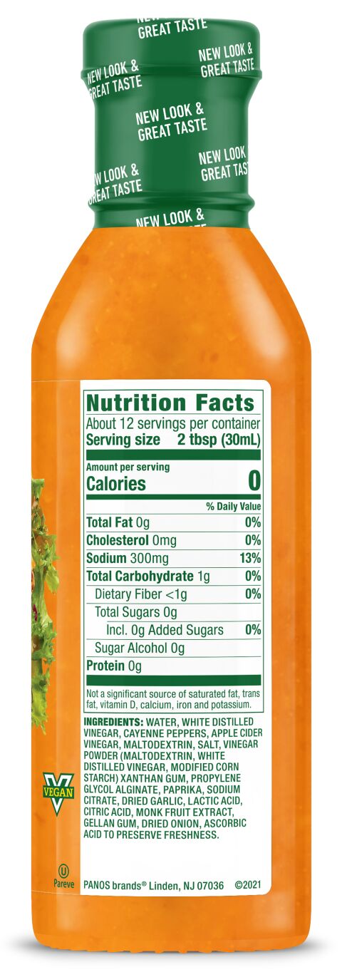 Nutrition Facts panel for Walden Farms Vinaigrette, Spicy Buffalo flavor.