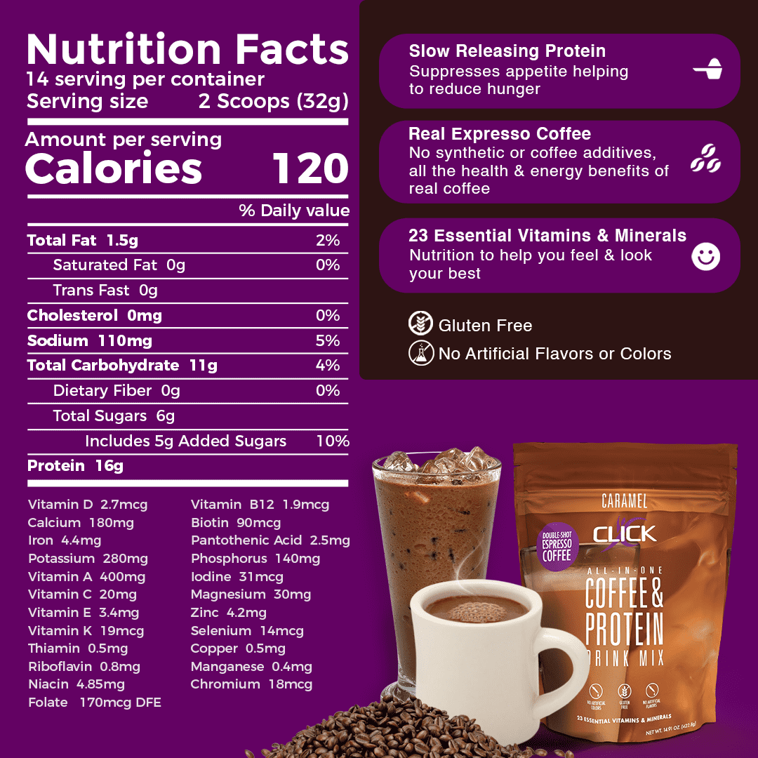 Click Coffee & Protein Drink Mix - Caramel, 15.03 oz. (434g)