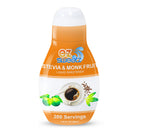 A bottle of EZ Sweetz liquid sweetener, labeled "Stevia & Monk Fruit," is shown with a graphic of a coffee cup and green leaves, indicating it contains 300 servings and is 1.36 fluid ounces.