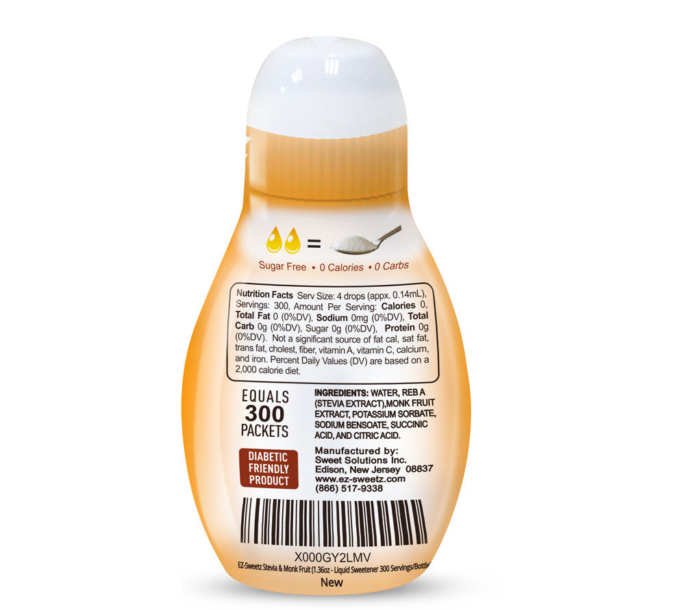 A liquid sweetener bottle displays nutrition facts, ingredients, and the note "Diabetic Friendly Product," emphasizing it's sugar-free, calorie-free, and carb-free, with a capacity of 300 servings.