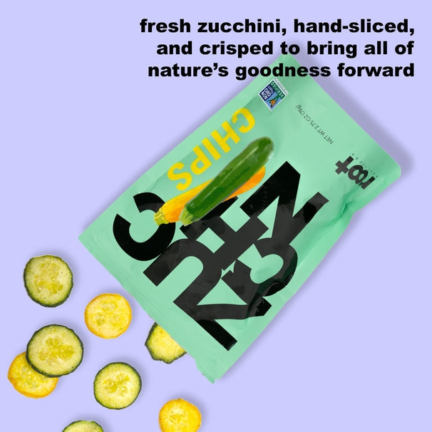 Front package of Root Foods Veggie Chips, Zucchini, 2.5 oz / One Pack