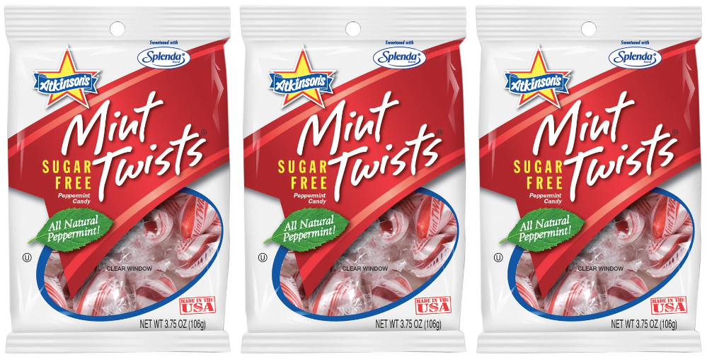 Atkinson's Sugar Free Mint Twists Candy 3.75 oz. bag - 3-Pack