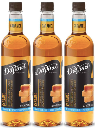Front package of Da Vinci Sugar Free Syrup, Caramel / 3-Pack