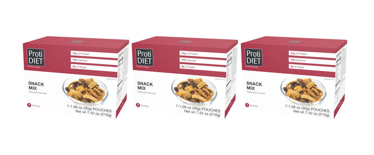 Three boxes of ProtiDIET Snack Mix are displayed, each featuring a clear bowl of the snack mix, highlighting nutritional information such as 12g of protein, 130 calories, and 2g of sugar per serving.