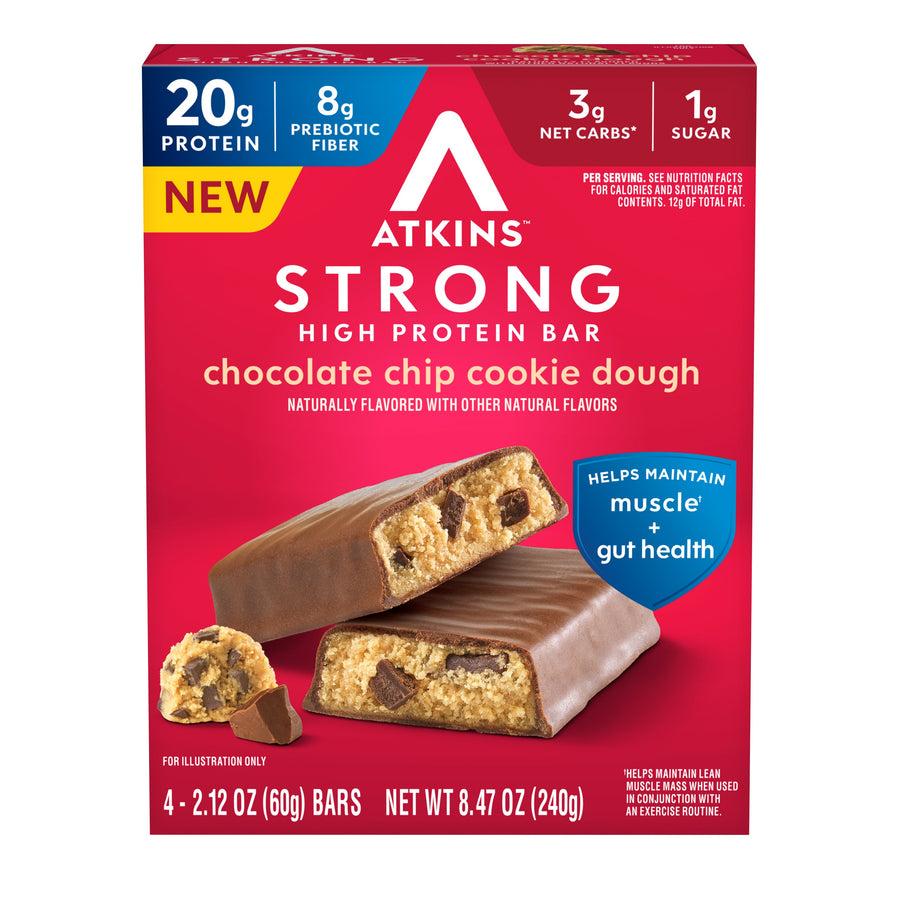 Front package of Atkins Nutritionals Strong High Protein Bars, 4 Bar Box, Chocolate Chip Cookie Dough