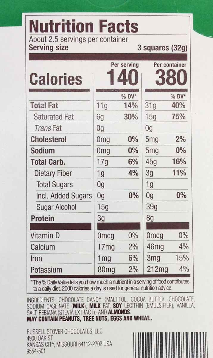 Russell Stover Sugar Free Chocolate Bar - Almond One Bar
