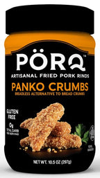 A black jar labeled "PÖRQ Artisanal Fried Pork Rinds Panko Crumbs" showcases a gluten-free, breadless alternative to traditional breadcrumbs, with a serving suggestion of crispy, golden-brown crumbs.