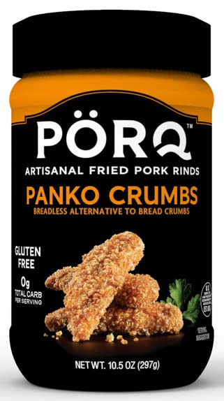 A black jar labeled "PÖRQ Artisanal Fried Pork Rinds Panko Crumbs" showcases a gluten-free, breadless alternative to traditional breadcrumbs, with a serving suggestion of crispy, golden-brown crumbs.