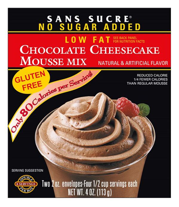 Front package of Sans Sucre Mousse Mix, Chocolate Cheesecake, 4 oz.