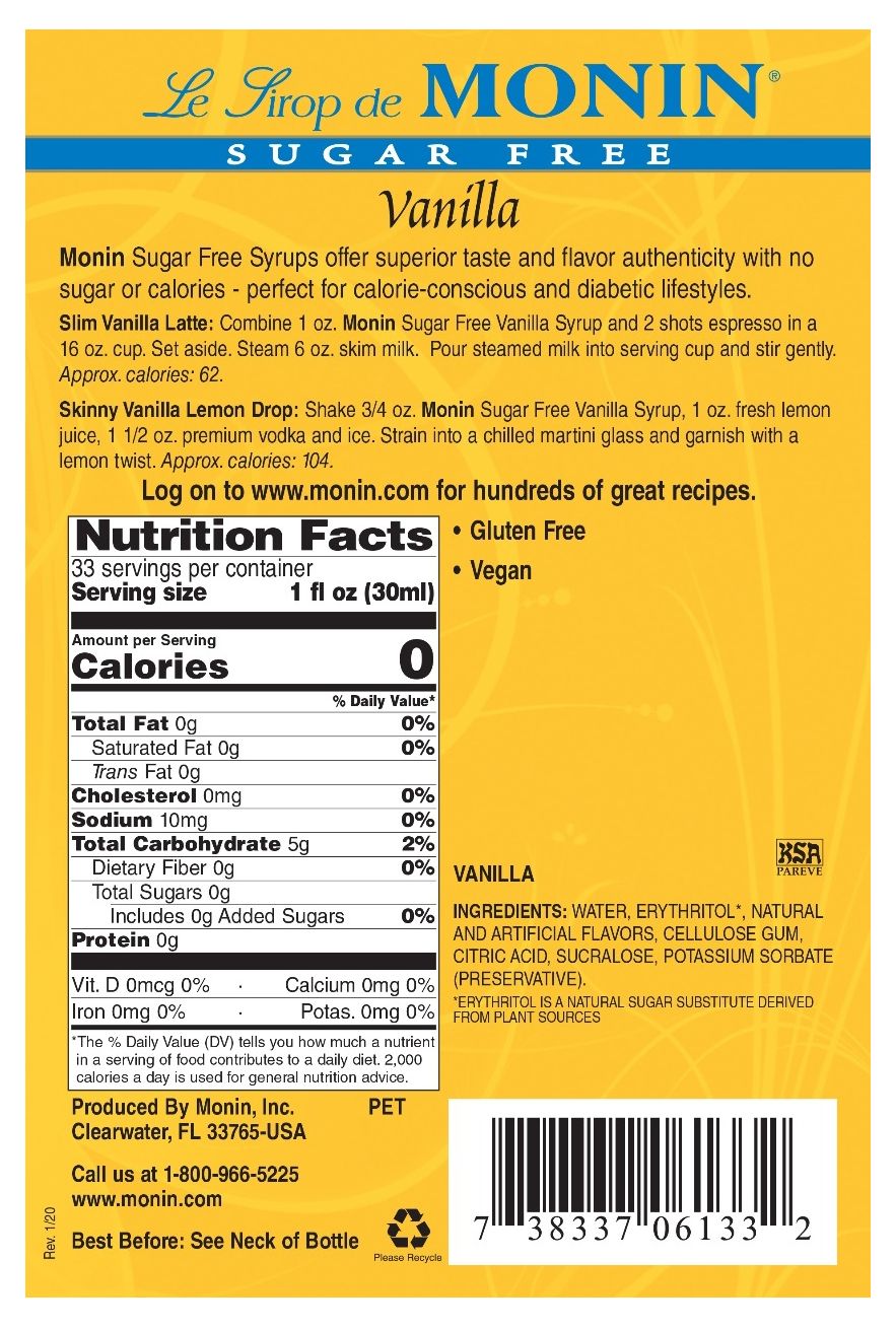 Monin Sugar Free Syrup - Vanilla (plastic) 1 liter