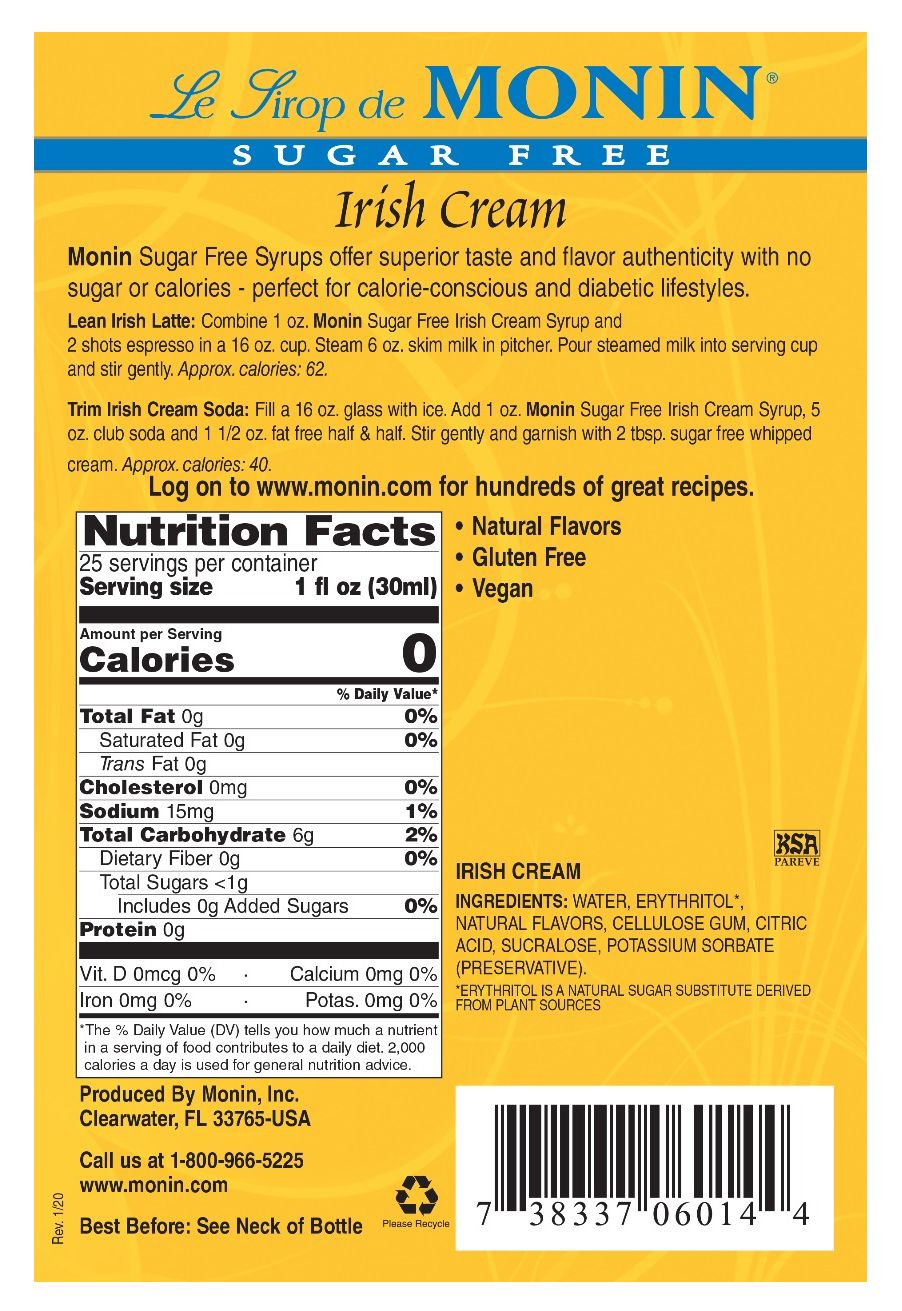 Monin Sugar Free Syrup - Irish Cream 750 ml (25.4 oz)