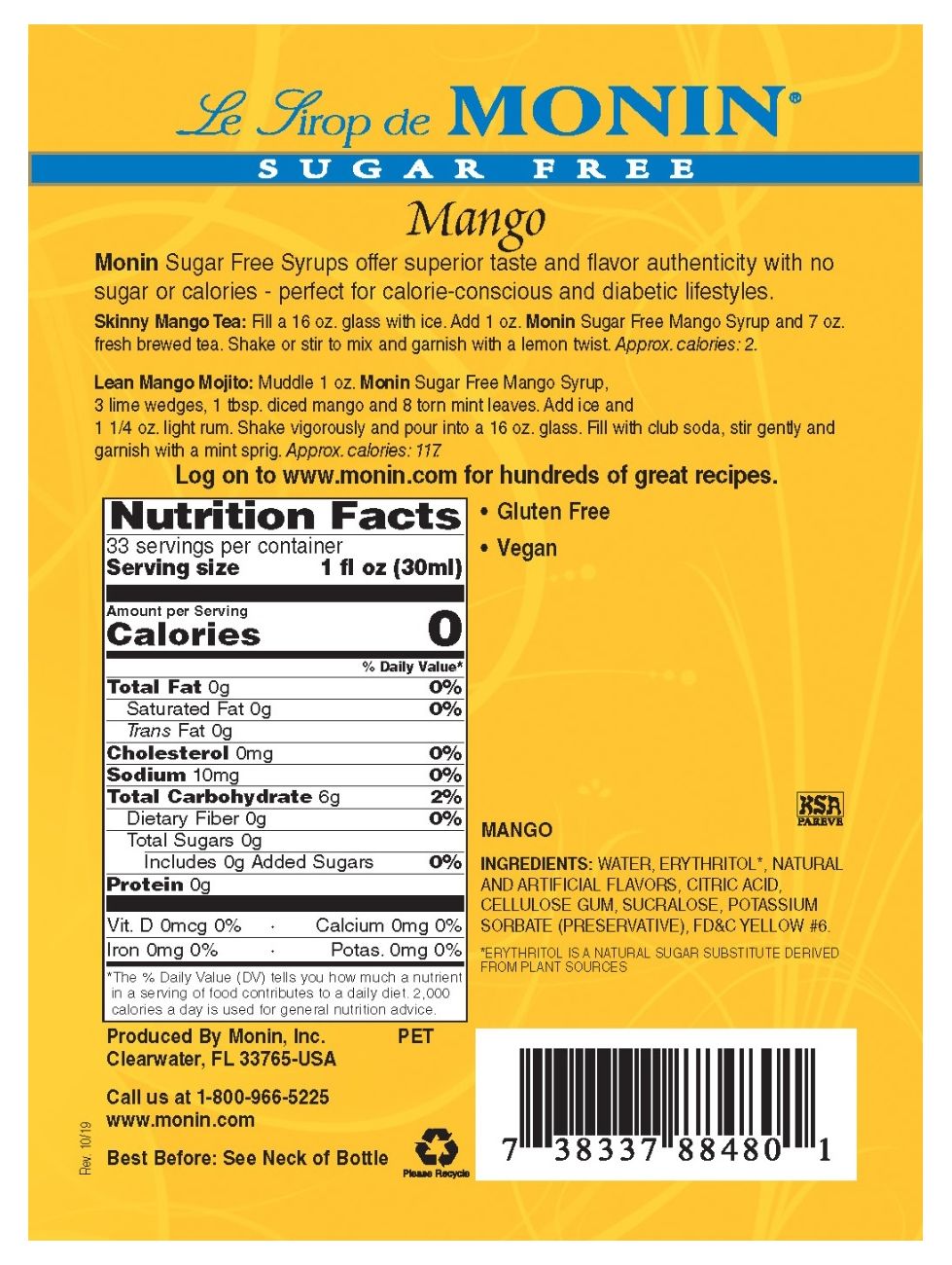 Monin Sugar Free Syrup - Mango (plastic) 1 liter
