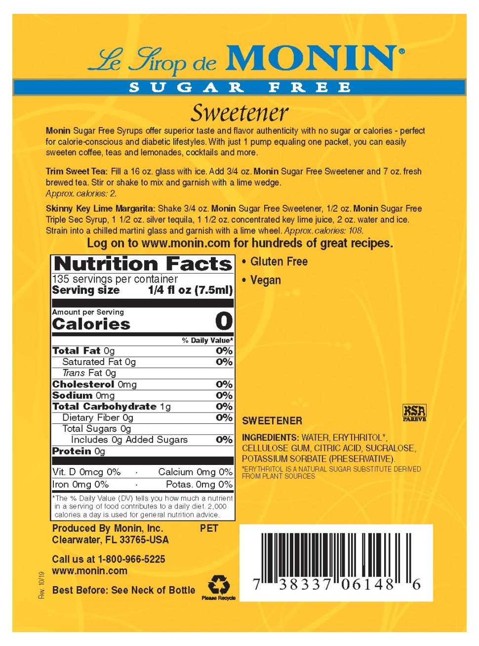 Monin Sugar Free Syrup - Unflavored Sweetener (plastic) 1 liter